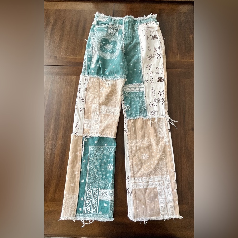 Vintage Y2K Patchwork Women’s Wide-Leg Pants Frayed Waist 30x32